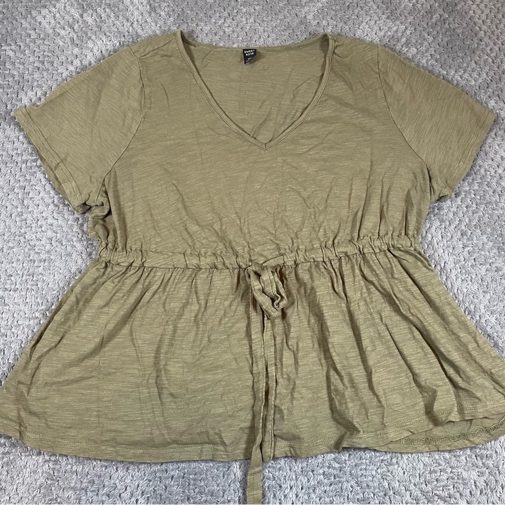 Emery Rose Women's Babydoll Top‎ Green 2XL Drawstring Waist V-Neck Flowy